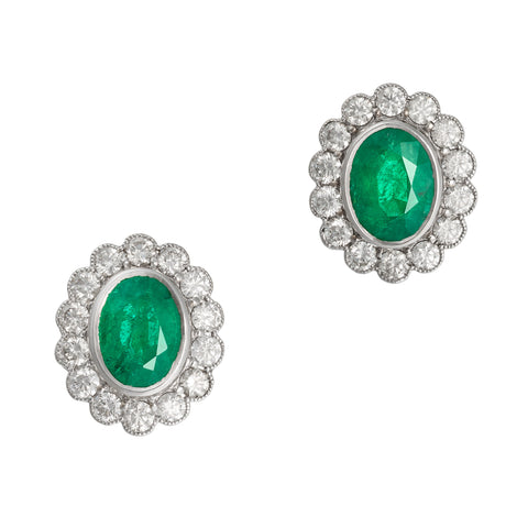 *NEW* Vintage Emerald & Diamond Cluster Earrings 18ct White Gold