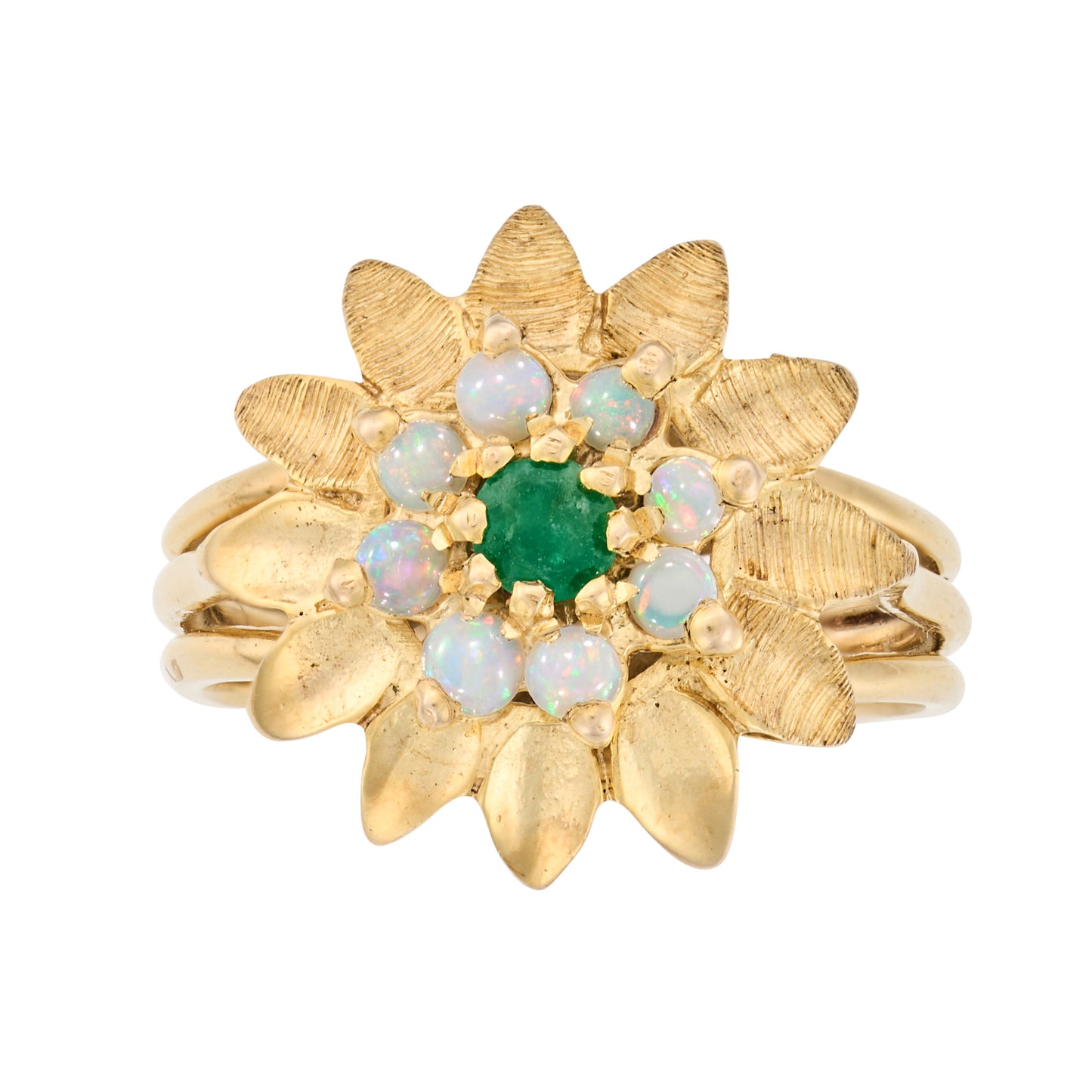 Vintage 1960s Opal and Emerald Flower Ring in 9ct Yellow Gold