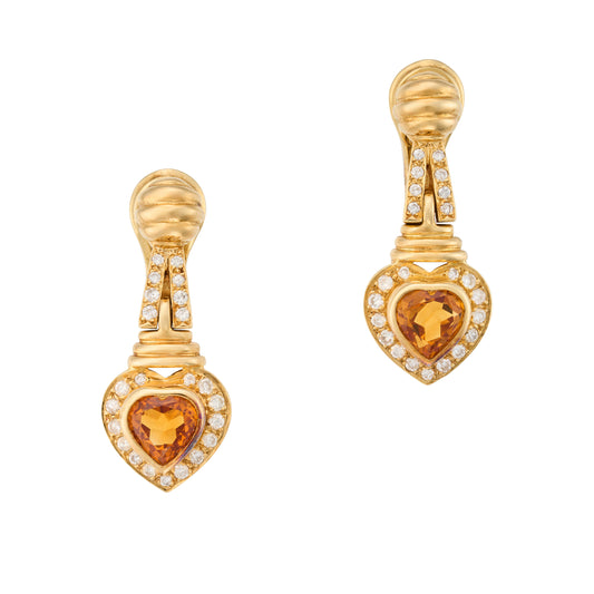 Vintage Citrine and Diamond Heart Earrings set in 18ct Gold