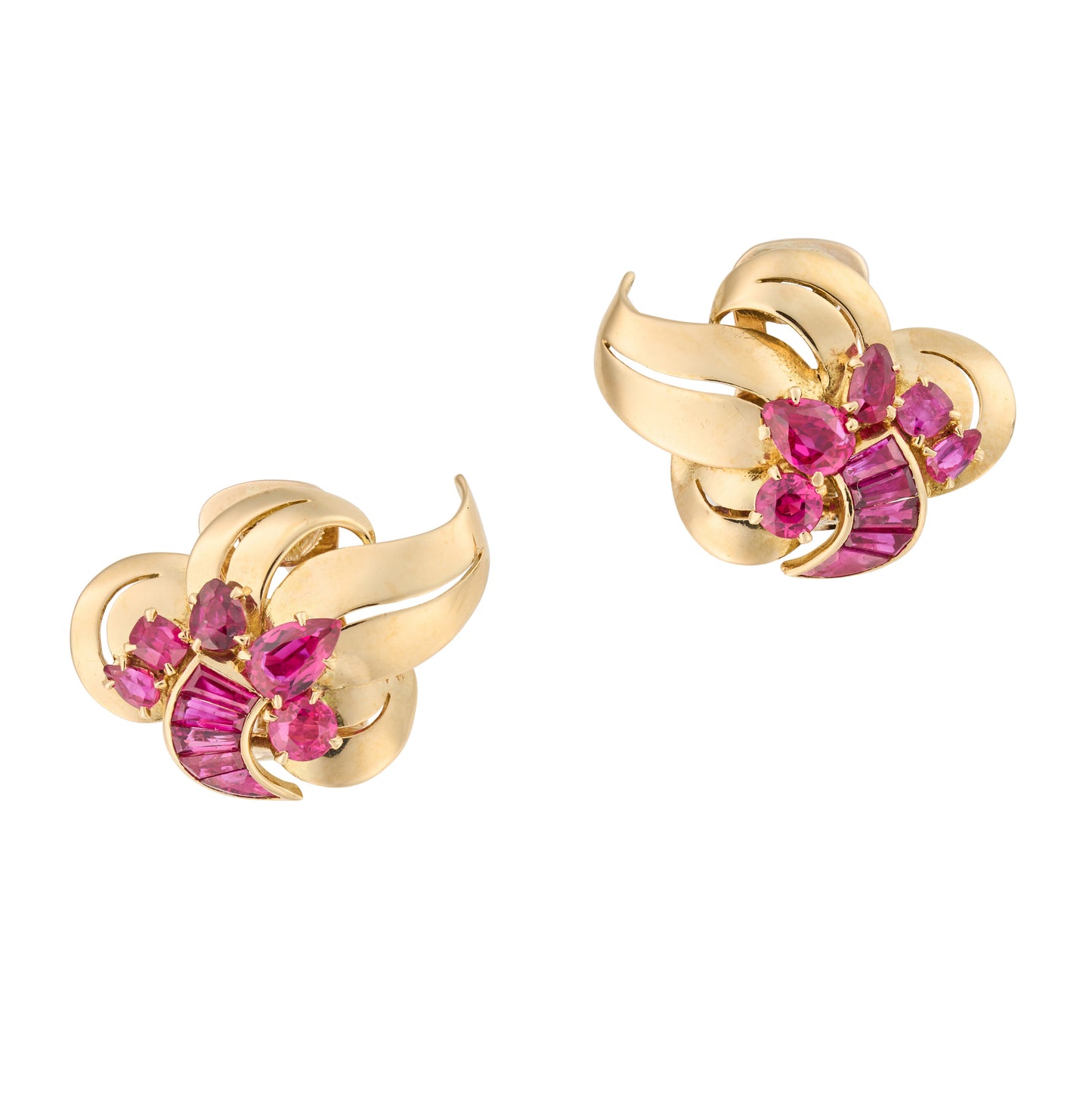 Vintage 1950s Natural Ruby Leaf Earrings in 18ct Yellow Gold