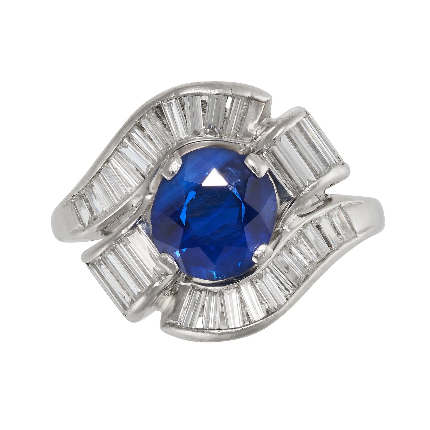 Art Deco Swirl Sapphire & Diamond Platinum Cocktail Ring