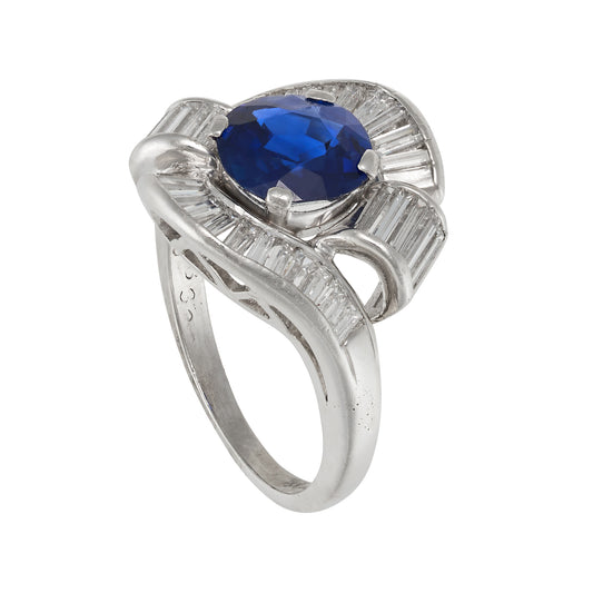 Art Deco Swirl Sapphire & Diamond Platinum Cocktail Ring