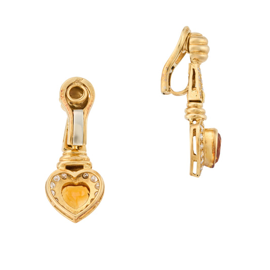Vintage Citrine and Diamond Heart Earrings set in 18ct Gold