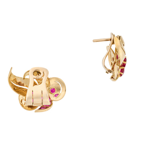 Vintage 1950s Natural Ruby Leaf Earrings in 18ct Yellow Gold