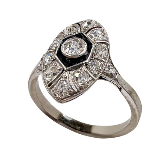 Art Deco Diamond and Onyx Marquise Ring in 18ct Yellow Gold