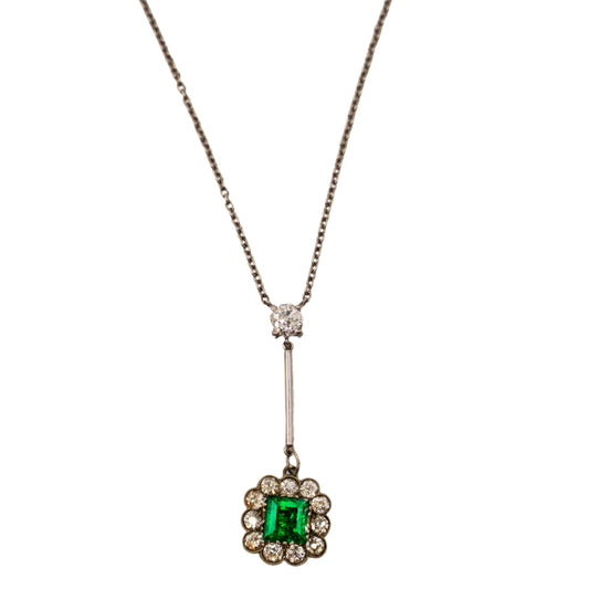 Vintage 1970s Emerald & Diamond Cluster Necklace in Platinum