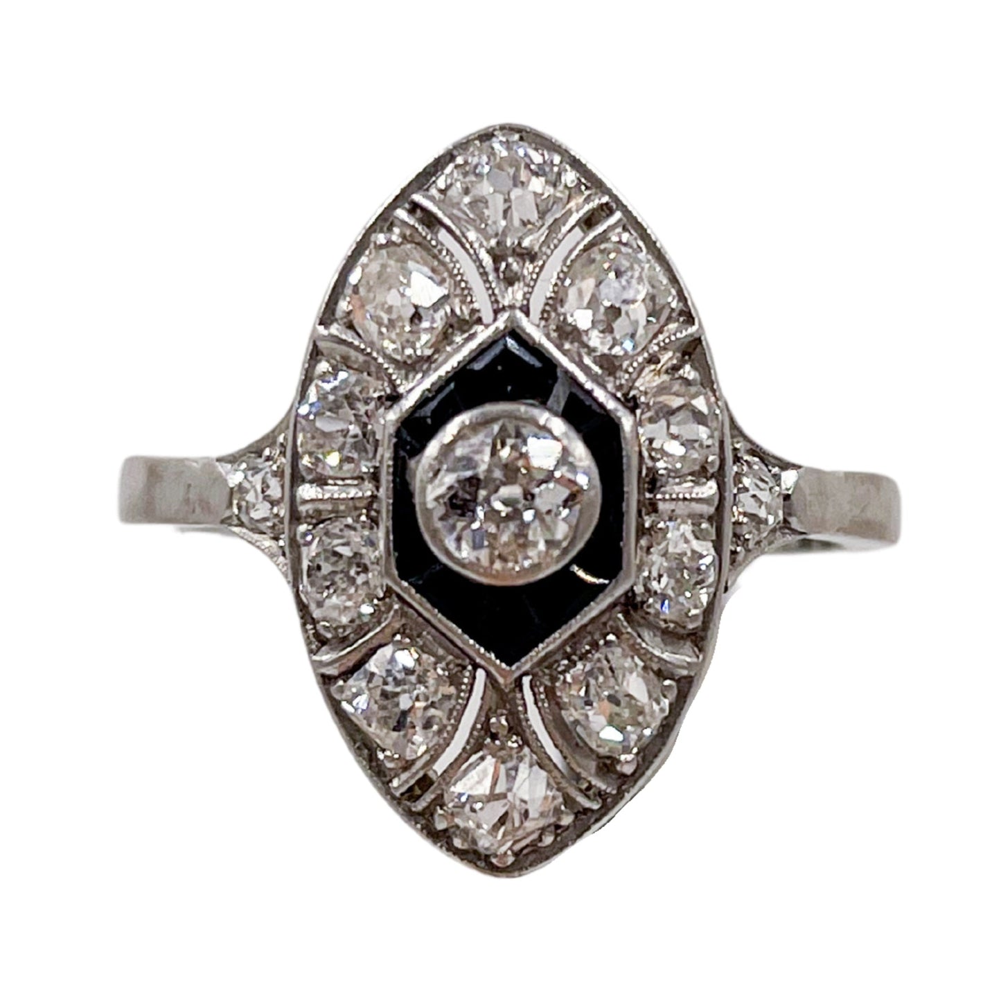 Art Deco Diamond and Onyx Marquise Ring in 18ct Yellow Gold