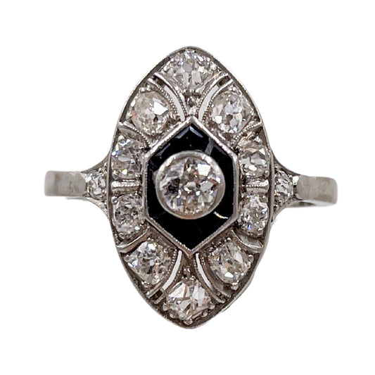 Art Deco Diamond and Onyx Marquise Ring in 18ct Yellow Gold