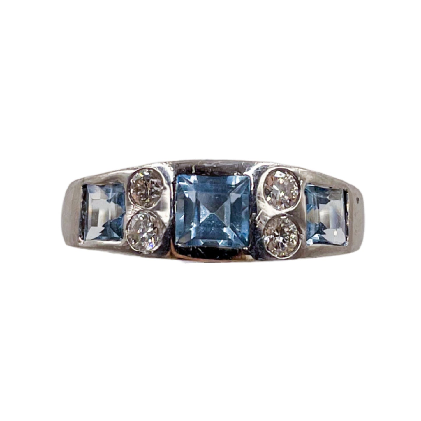 Vintage Aquamarine & Diamond 7-Stone Ring in 18ct White Gold