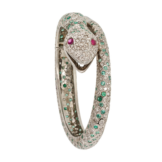 Vintage Snake Emerald & Diamond Bangle in 18ct White Gold
