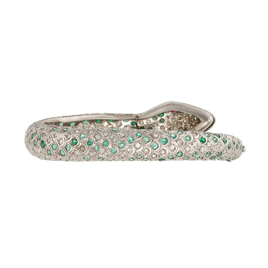 Vintage Snake Emerald & Diamond Bangle in 18ct White Gold