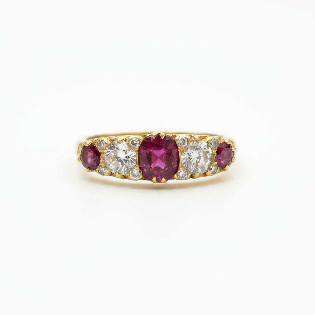 Victorian Ruby and Diamond Five-stone Ring in 18ct Yellow Gold
