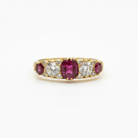 Victorian Ruby and Diamond Five-stone Ring in 18ct Yellow Gold