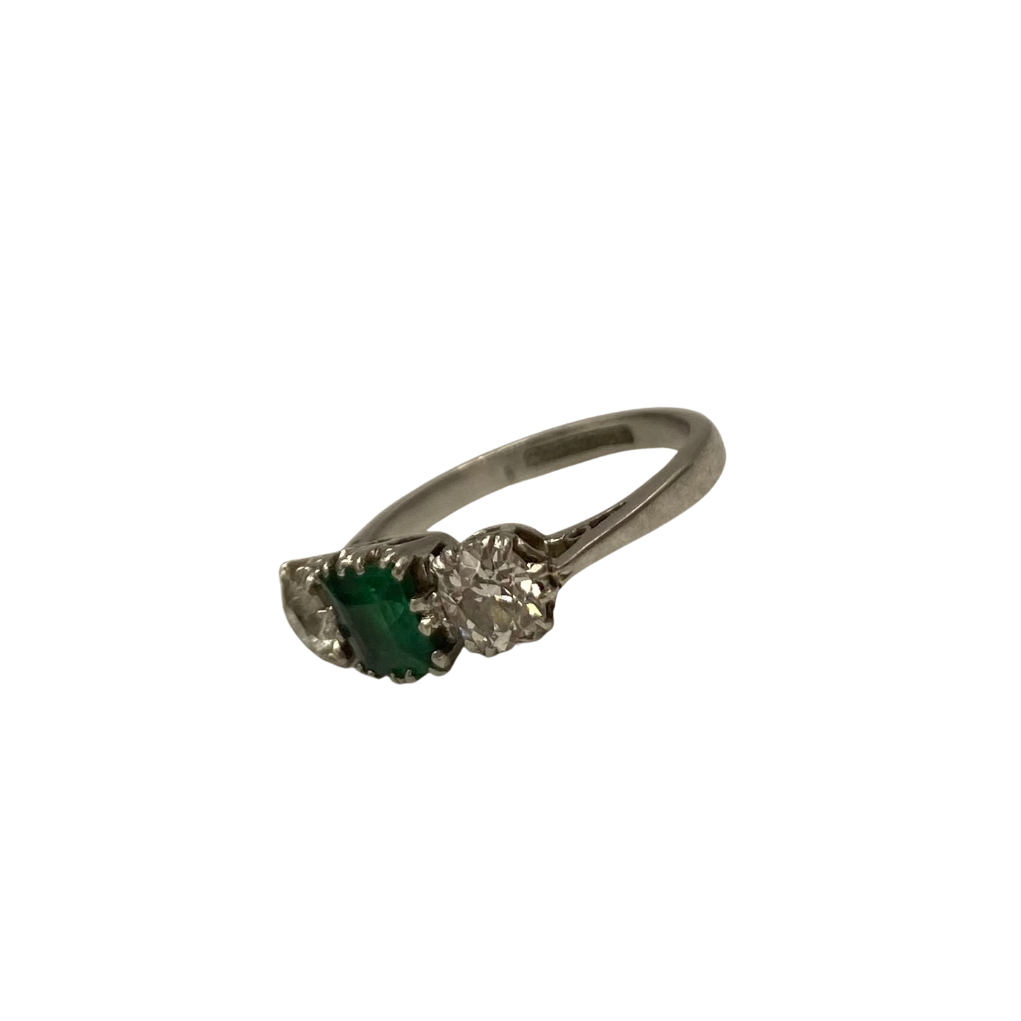 Art Deco Emerald & Diamond Three-Stone Ring in Platinum