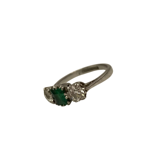Art Deco Emerald & Diamond Three-Stone Ring in Platinum