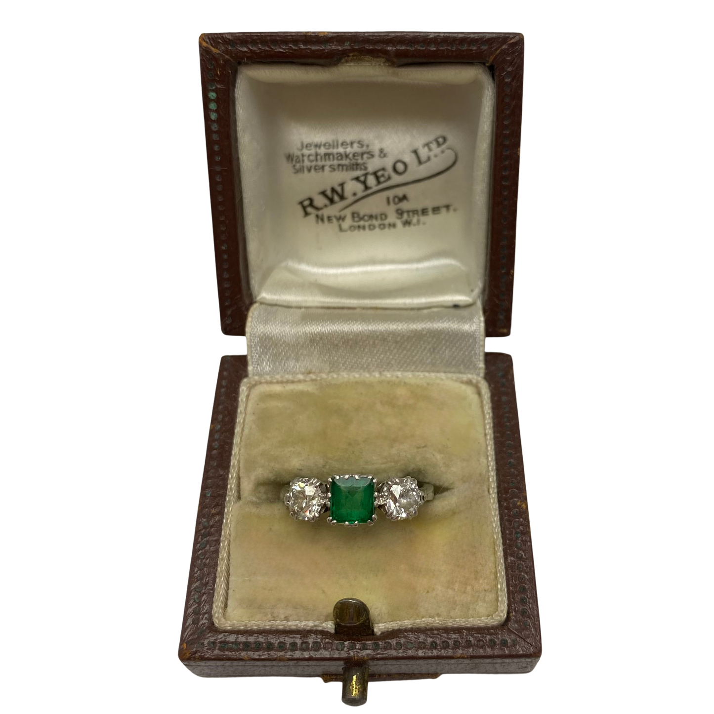 Art Deco Emerald & Diamond Three-Stone Ring in Platinum