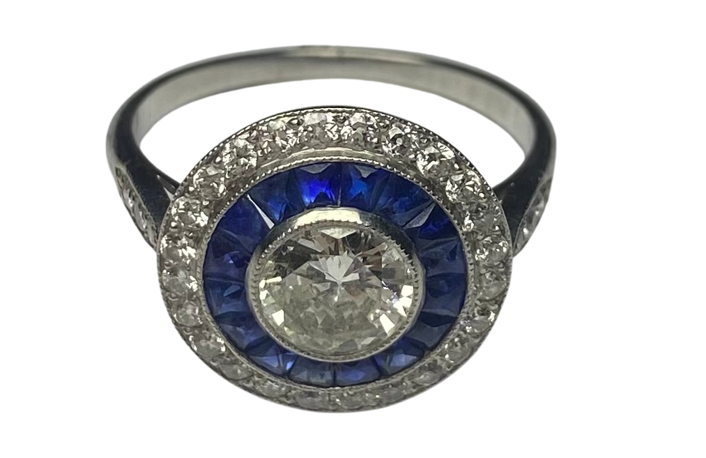 Art Deco Sapphire and Diamond Target Ring in Platinum