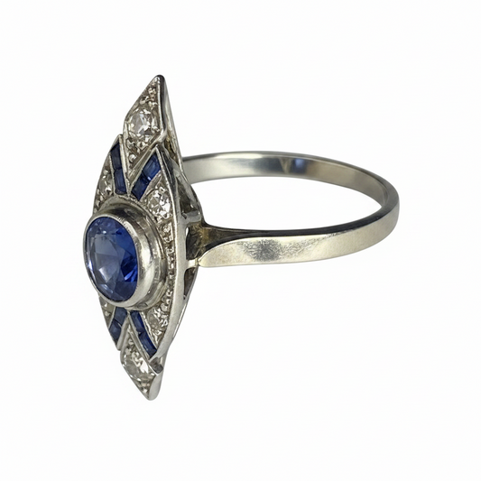 Art Deco Sapphire and Diamond Marquise Ring in 18ct White Gold and Platinum