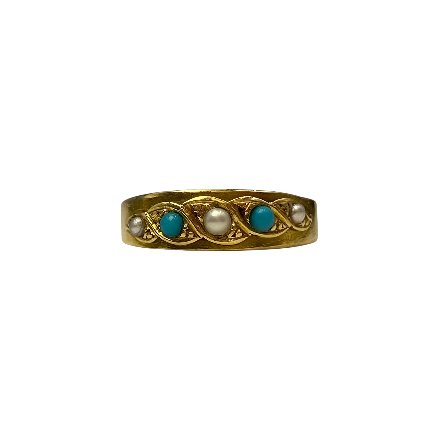Victorian Five-stone Turquoise and Pearl Ring in 15ct Yellow Gold