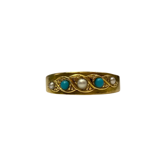 Victorian Five-stone Turquoise and Pearl Ring in 15ct Yellow Gold