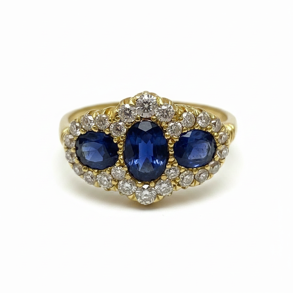 Victorian 3 Stone Sapphire and Diamond Ring in 18ct Yellow Gold