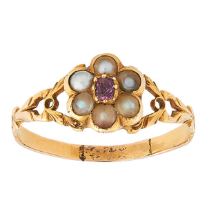 Victorain Ruby and Pearl Ring, 18ct Yellow Gold