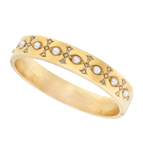 Antique Victorian Pearl and Diamond Bangle, 18ct Yellow Gold