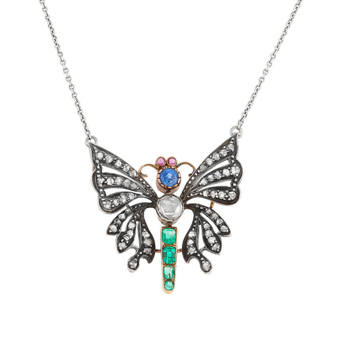Victorian Butterfly Necklace, Diamond Emerald Sapphire and Ruby