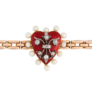 Edwardian red enamel, Diamond and Pearl Bracelet, 18ct Yellow Gold