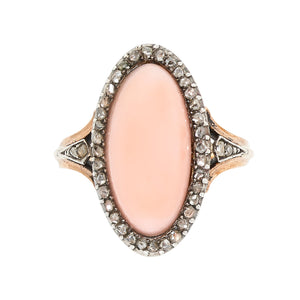*NEW* Victorian Navette Angel Skin Coral and Diamond Ring, 18ct Yellow Gold