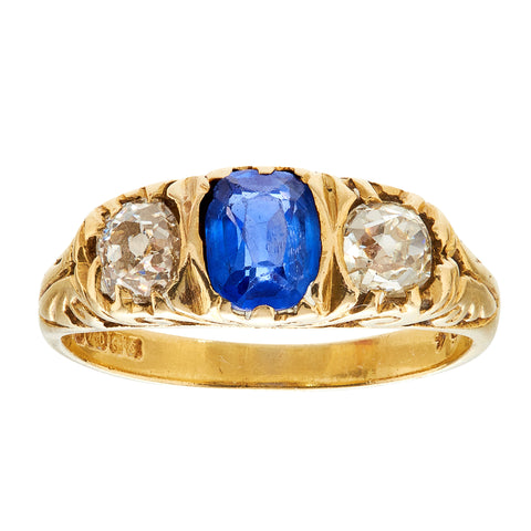 *NEW* Victorian Sapphire and Diamond three Stone Ring, 18ct Yellow Gold