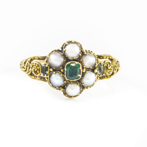 Victorian Pearls and Emerald Cluster Ring