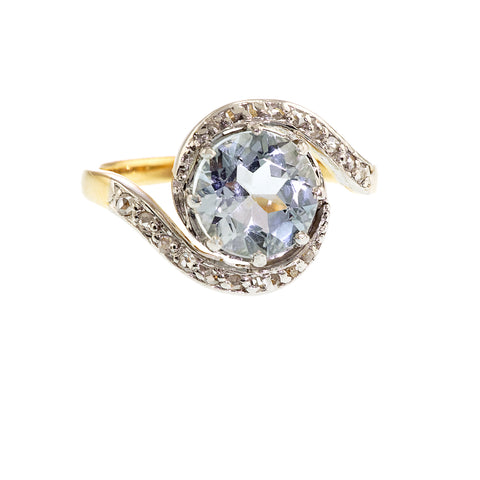 Art Deco Aquamarine and Diamond Swirl Ring, 18ct