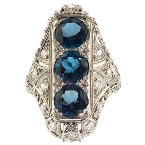 Art Deco Blue Topaz & Diamond Plaque Ring, Platinum.