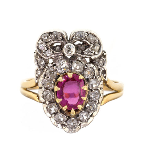 Antique Ruby and Diamond Heart and Bow Ring
