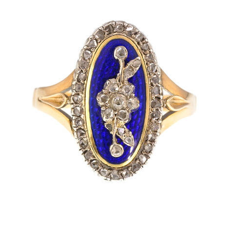 Antique French Guilloche Enamel and Diamond Ring