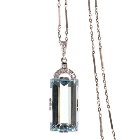 Art Deco Aquamarine and Diamond Pendant White Gold C1920's