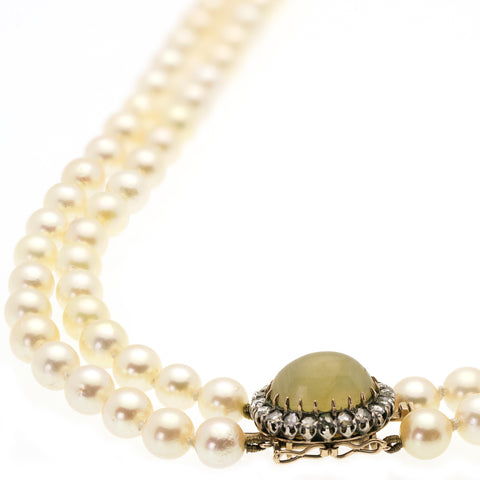 Antique Two Row Pearl Necklet with Chrysoberyl and Diamond Clasp