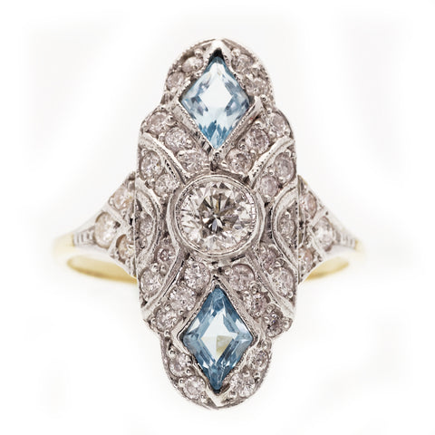 Art Deco Aquamarine and Diamond Down Finger Ring