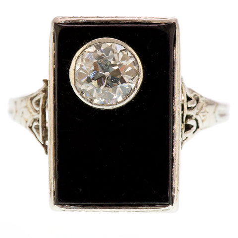 Art Deco Vintage 1930's Onyx Old Cut Diamond Platinum Cocktail Ring