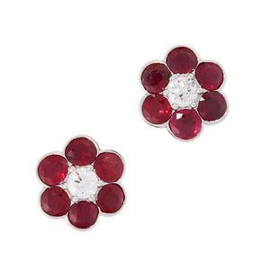 Vintage Ruby and Diamond Cluster Earrings, 18ct White Gold and Platinum