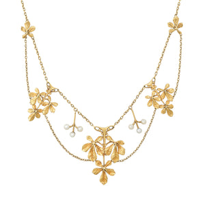 Art Nouveau Pearl and delicate flowers in 18K Yellow Gold