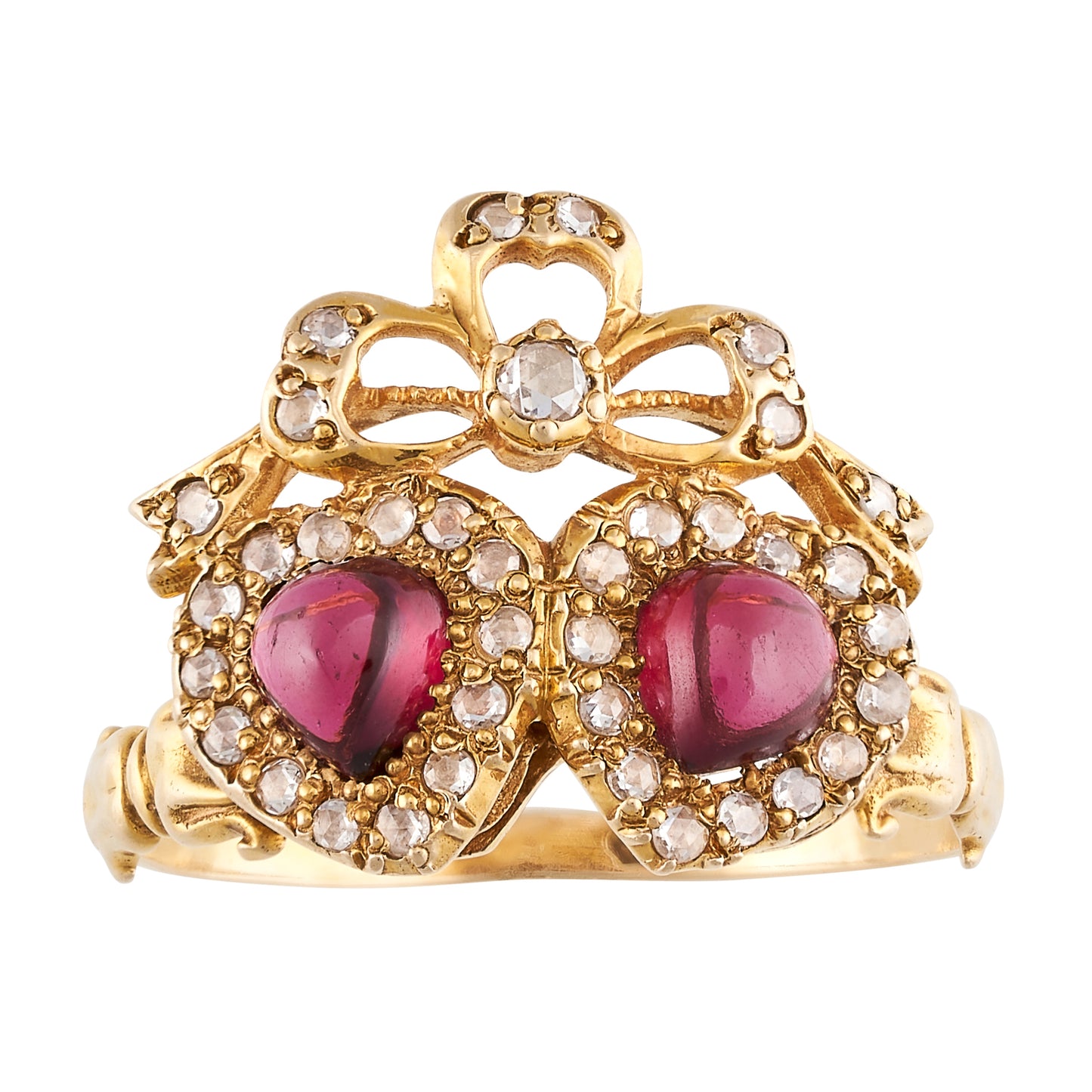 Victorian Bohemian Garnet and Diamond Heart Ring, 15ct. Yellow Gold
