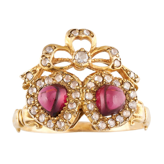Victorian Bohemian Garnet and Diamond Heart Ring, 15ct. Yellow Gold