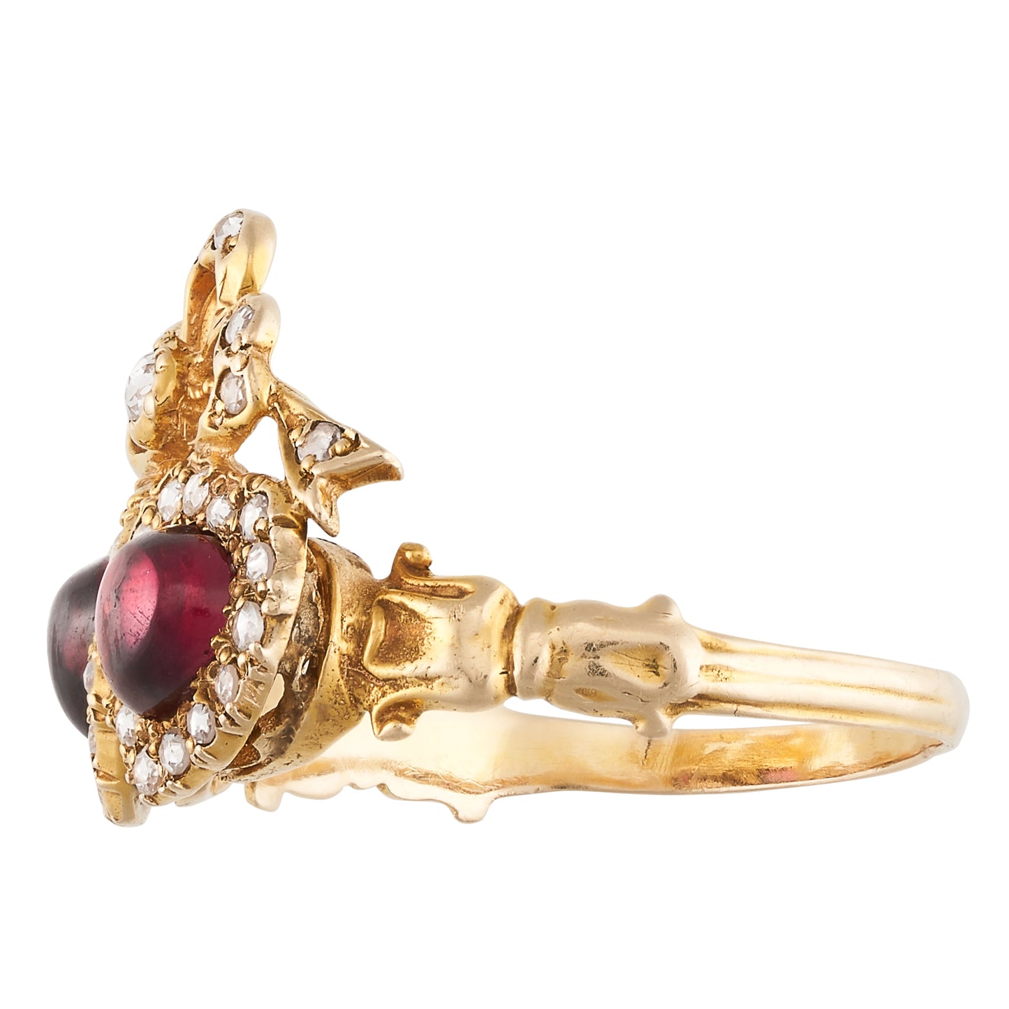 Victorian Bohemian Garnet and Diamond Heart Ring, 15ct. Yellow Gold