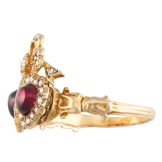 Victorian Bohemian Garnet and Diamond Heart Ring, 15ct. Yellow Gold