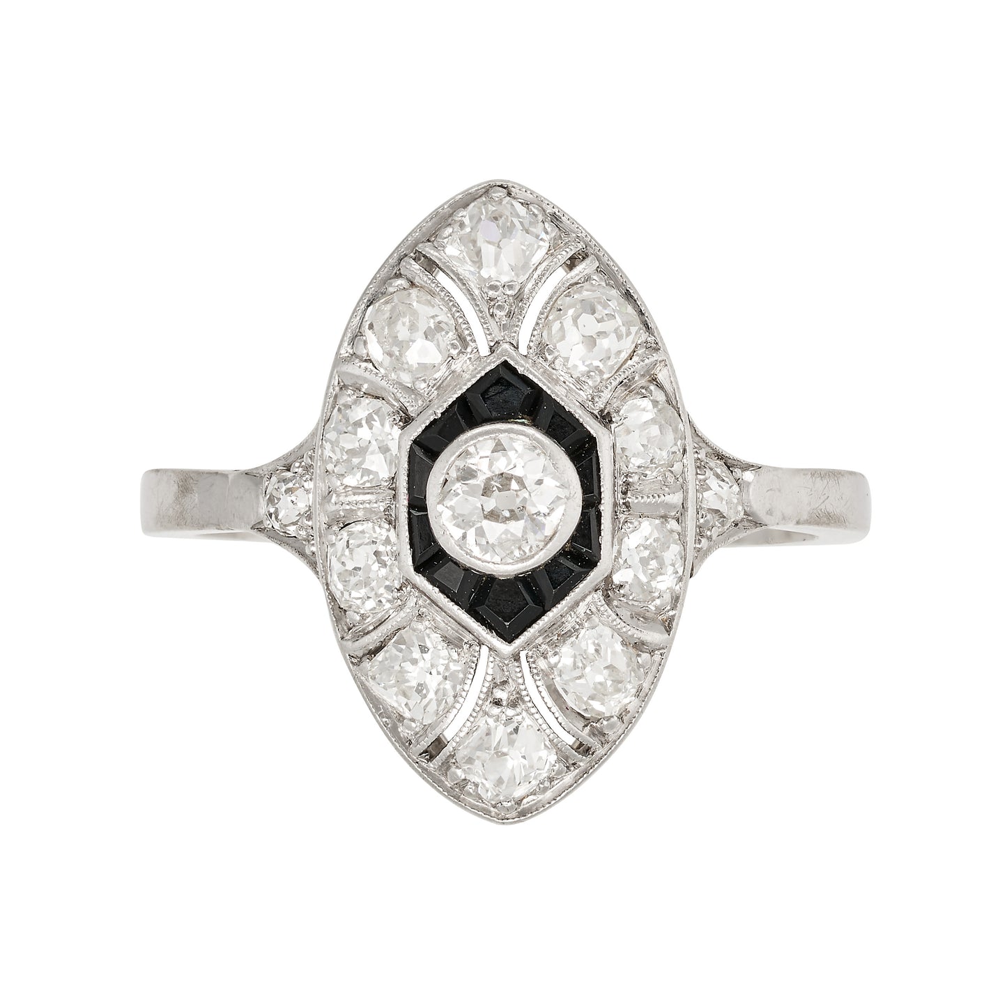 Art Deco Diamond and Onyx Marquise 18ct. White Gold Ring