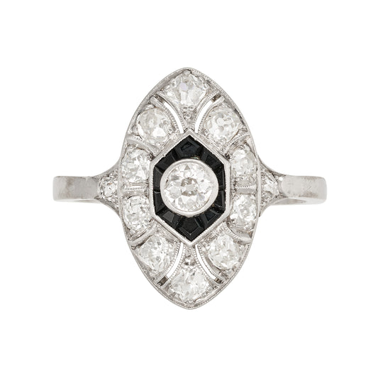Art Deco Diamond and Onyx Marquise 18ct. White Gold Ring