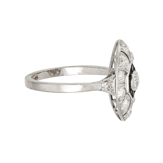 Art Deco Diamond and Onyx Marquise 18ct. White Gold Ring