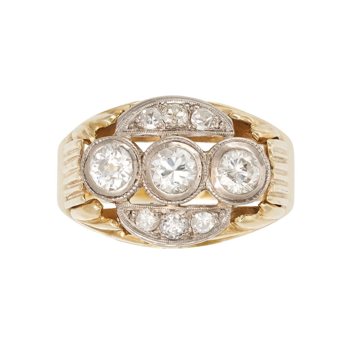 Art Deco 3 Stone Cocktail Ring set in 14ct. yellow gold